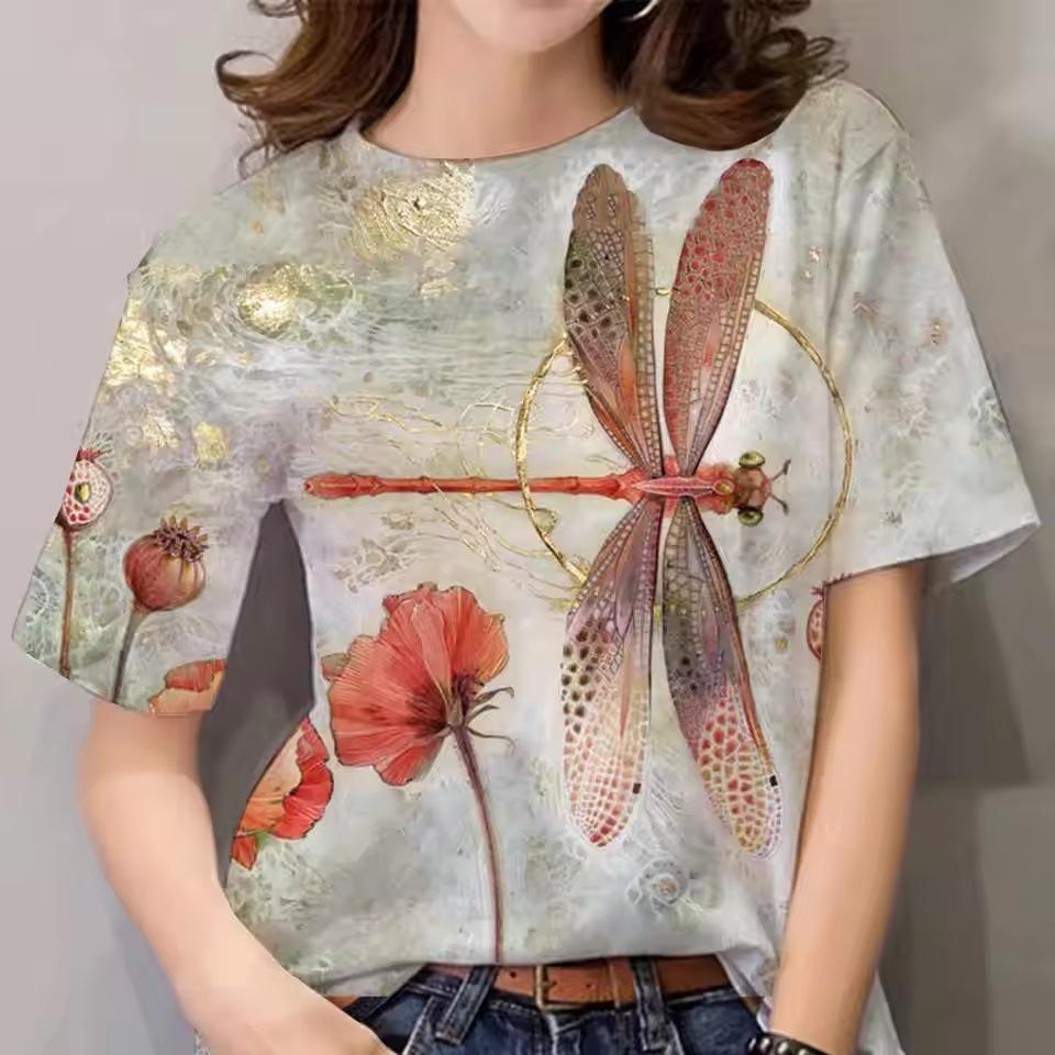 Летняя футболка с 3D-принтом стрекозы, топ с коротким рукавом, женская свободная уличная футболка