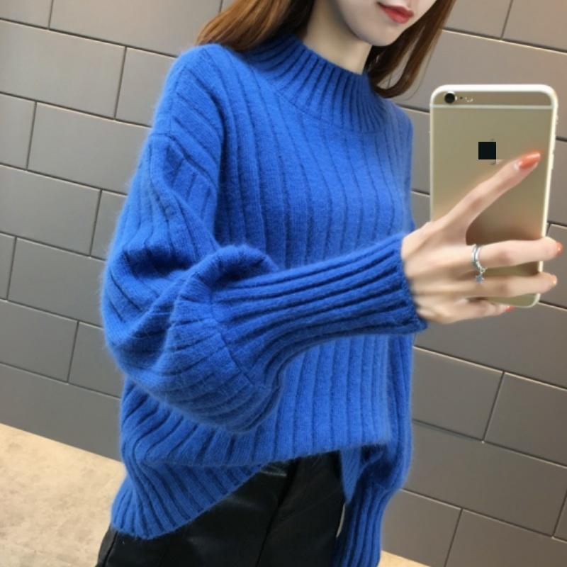 Однотонный женский свитер, свободный свитер с высоким воротом, теплый однотонный эластичный пуловер, трикотаж, свитер с полувысоким воротом