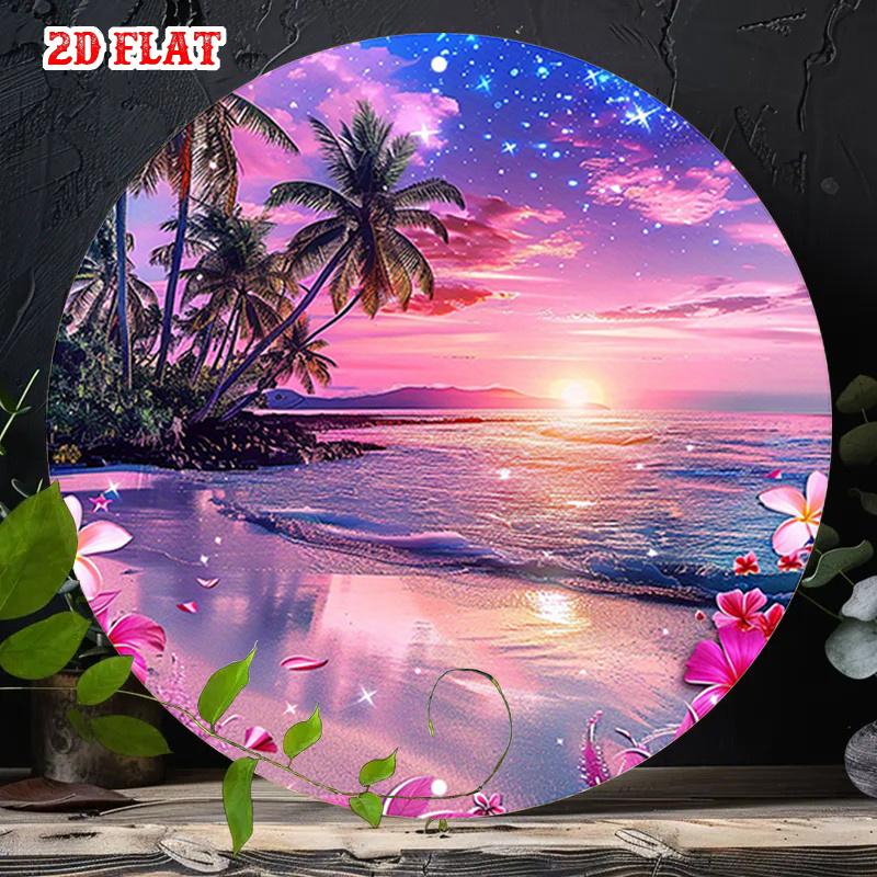 Pink Sunset Beach Palm Tree Starry Sky Round HD Metal Wall Art Tropical Floral Ocean Seascape Decorative Tin Sign for Home