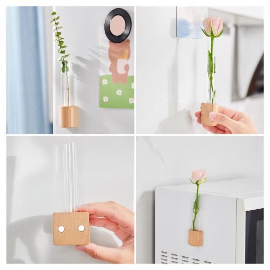 Fridge Magnet Vase Clear Glass Tube Vase with Wooden Base Magnetic