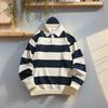 Men Long-sleeved T-shirt 2025 Autumn New Fashion Trend Striped Printing Casual Loose Outdoor Camping Lapel Top Couple POLO Shirt
