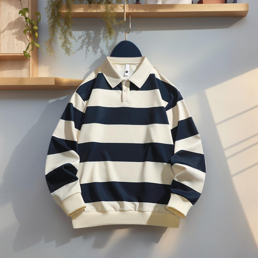 Men Long-sleeved T-shirt 2025 Autumn New Fashion Trend Striped Printing Casual Loose Outdoor Camping Lapel Top Couple POLO Shirt