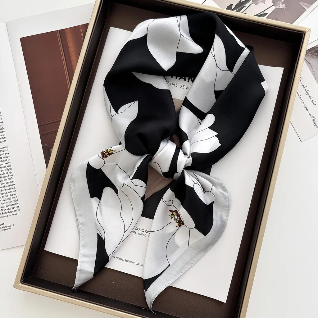 New Flowers Print Shawl Square Scarf for Women Satin Fashion Wraps Neckerchief Female Hair Bands Ribbon Headband Bandana
