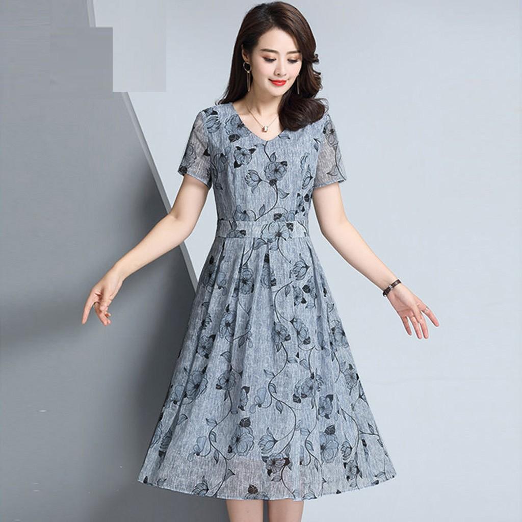 Модное женское повседневное платье трапециевидной формы с цветочным принтом и v-образным вырезом с короткими рукавами, длинное платье