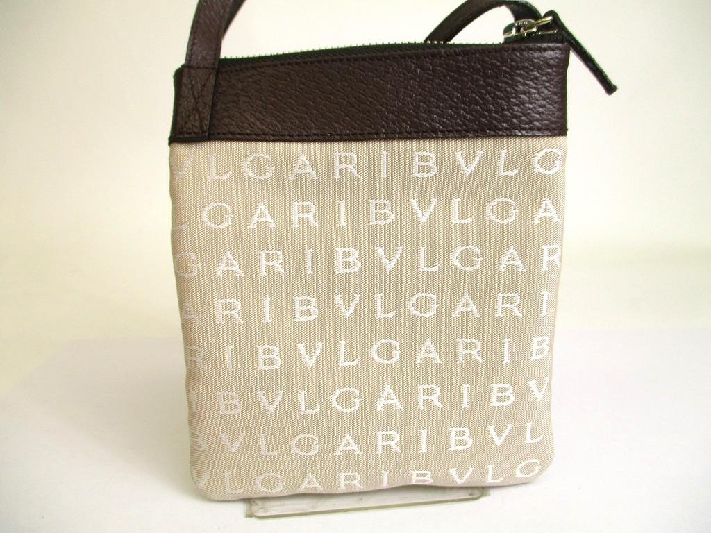 Оригинальная сумка кроссбоди BVLGARI Logo Mania из бежевой парусины и коричневой кожи #a888 Восстановленная