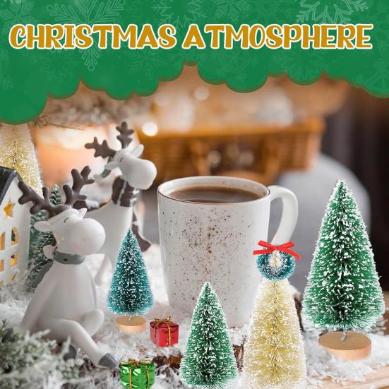 56 Pcs Mini Christmas Trees Set Sisal Snow Frosted Bottle Brush Trees with Wooden Base Miniature Artificial Pine Tree for Winter Home Tabletop Decor