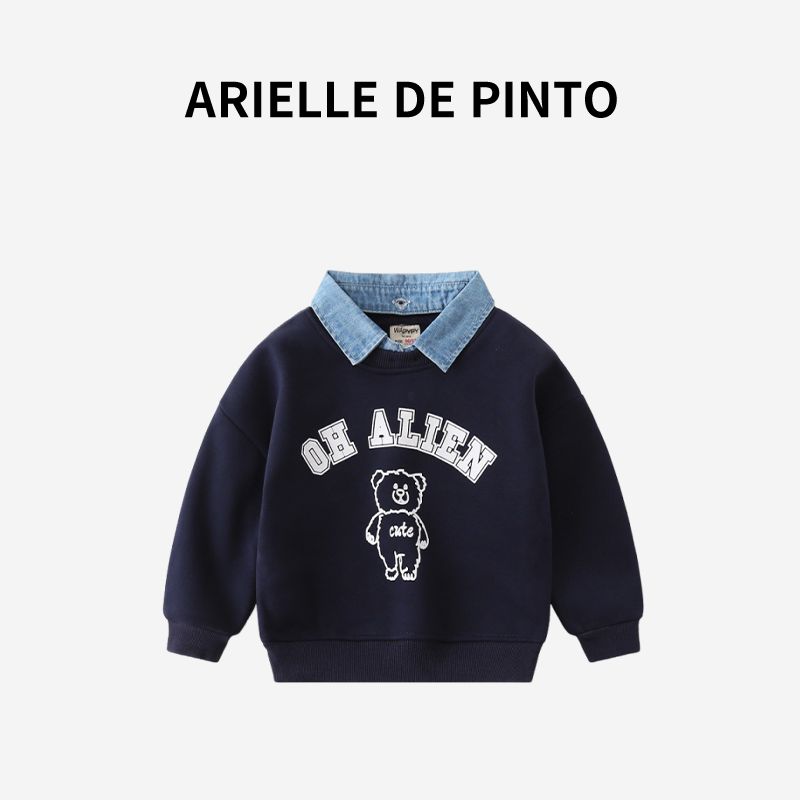 Французский костюм для мальчика Arielle De Pinto Весенне-осенний стиль Корейский стиль Повседневный С буквенным принтом Лацкан Мультяшный Двухпредметный комплект