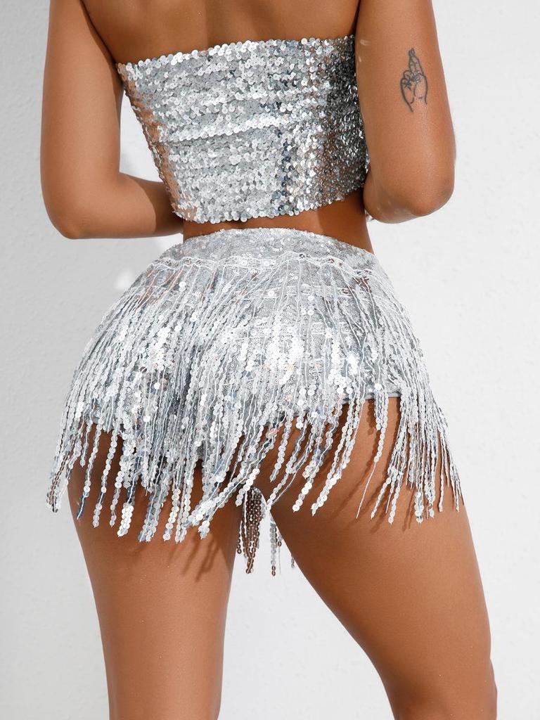 Sequined Tassel Latin Dance Skirt for Women – Stage and Bar Performance Costume Shorts