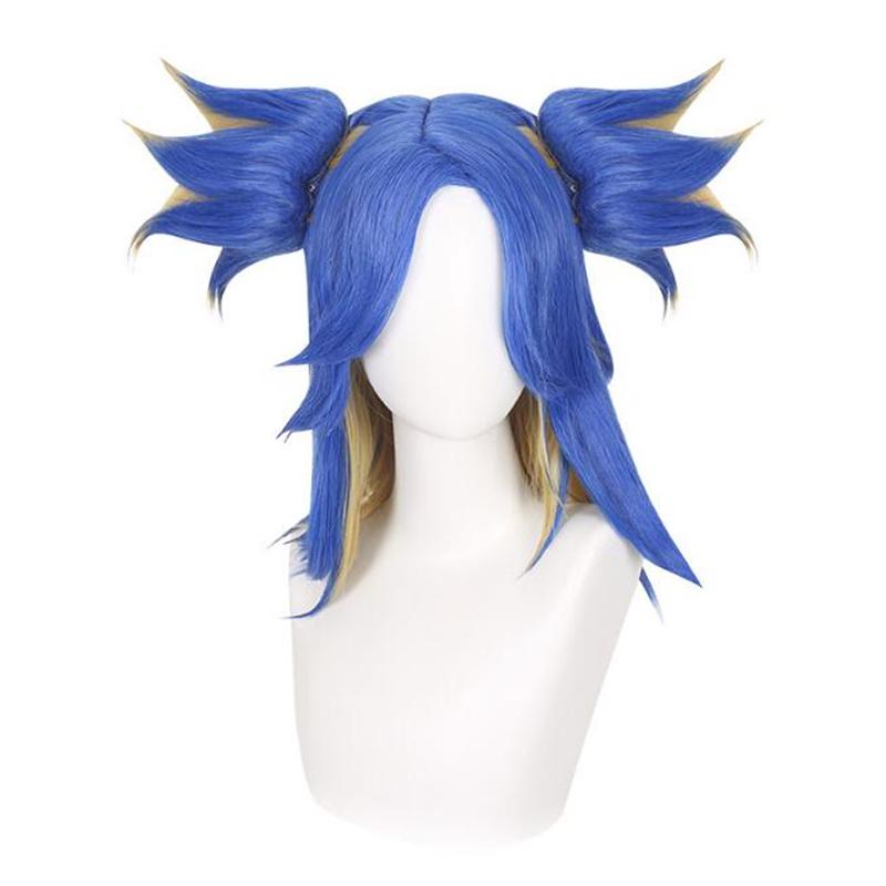 Парик для косплея Game Valorant Neon, короткий, синий, микс-блонд с 2 хвостиками на заколках, термостойкие синтетические волосы, парики для ролевых игр + шапочка для парика