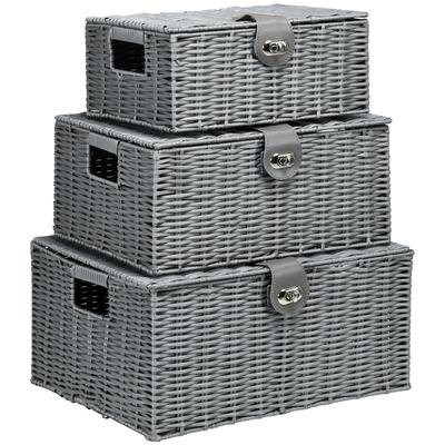 Set of 3 Storage Baskets Made of PE Rattan, with Clasp, Carrying Handles, 35.5 Cm X 28.5 Cm X 18 Cm, Gray