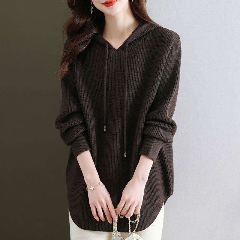 Осень Зима Однотонный Свободный Повседневный Вязаный Худи Женский Винтажный На шнурке Универсальный Свитер