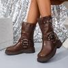 Four Seasons Platform Single Boots Women'S Fashion Round Toe Studded Metal Buckle Block Heel Mid-Leg Boots