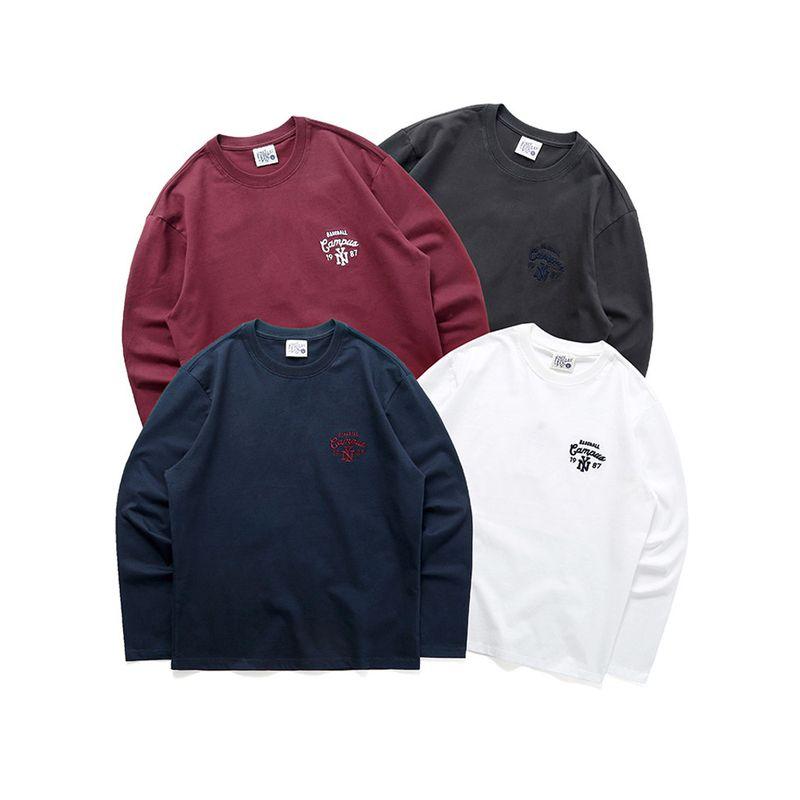 American vintage Embroidered Cotton Long sleeves Shirt Men's 2024 New Spring and Autumn Undershirt Foreign Trade Men's White T-shirt