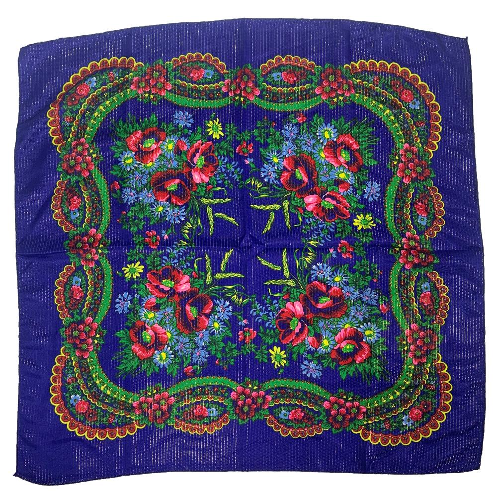 70 см Золотая нить Цветочный принт Русский платок Украинский шаль Бабушка Квадратный бандана Женский головной платок