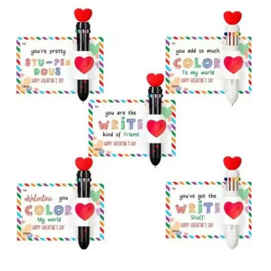 Valentine's Day Pen Card Gift Set Multicolor Ballpoint Pen with Heart Message Cards Retractable Colorful Pen for Students Classmates Office Exchange