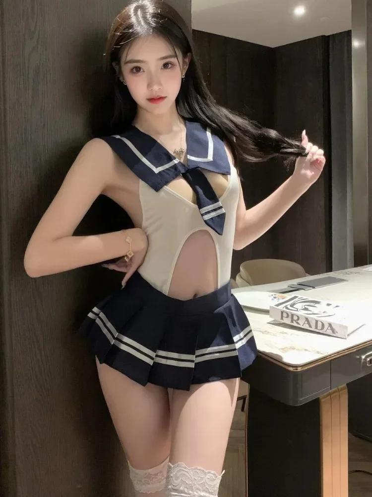 Косплей костюмы горничной Сексуальные боди Милые галстуки-бабочки Боди с открытой грудью Фетиш-ремни Колготки Форма для ролевых игр Полая кружевная спина