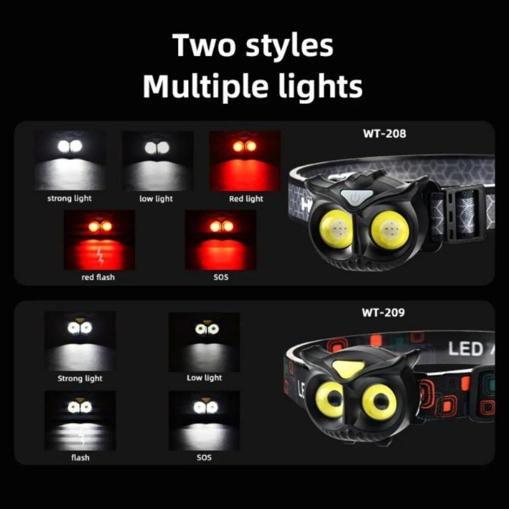 Налобный фонарь COB Owl, водонепроницаемый, перезаряжаемый через USB, с крючком и магнитом для взрослых, детей, бега, рыбалки, верховой езды, кемпинга