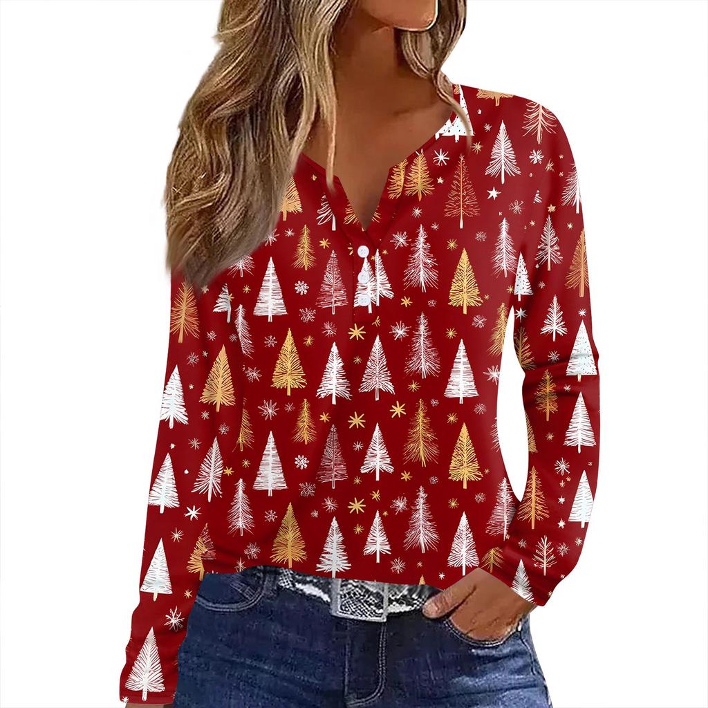 Женская футболка с рождественским принтом на пуговицах с длинным рукавом, повседневная, выходного дня, модная, базовая, с V-образным вырезом, обычная