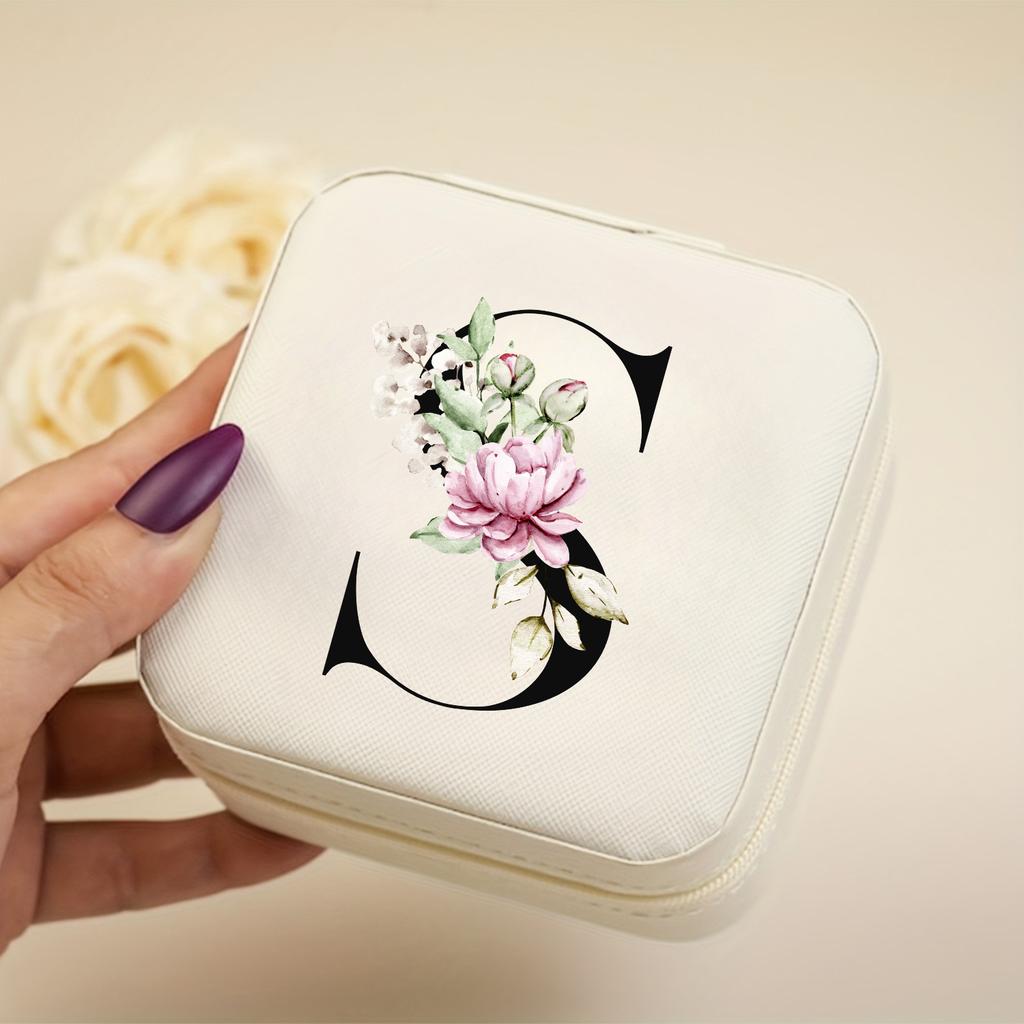 A-Z Alphabet Print Beige Travel White Storage Box, Jewelry Box with Zipper Closure and Fabric Lining