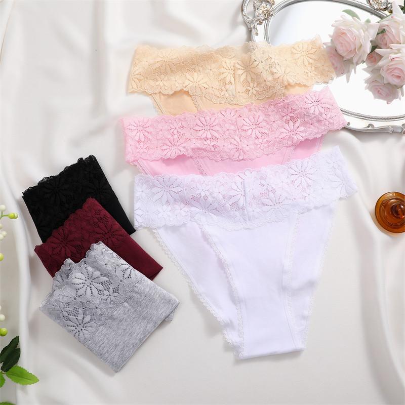 FINETOO High Waist Lace Panties for Woman Comfort Cotton Briefs Sexy Lace Edge Lingerie Breathable Underwear