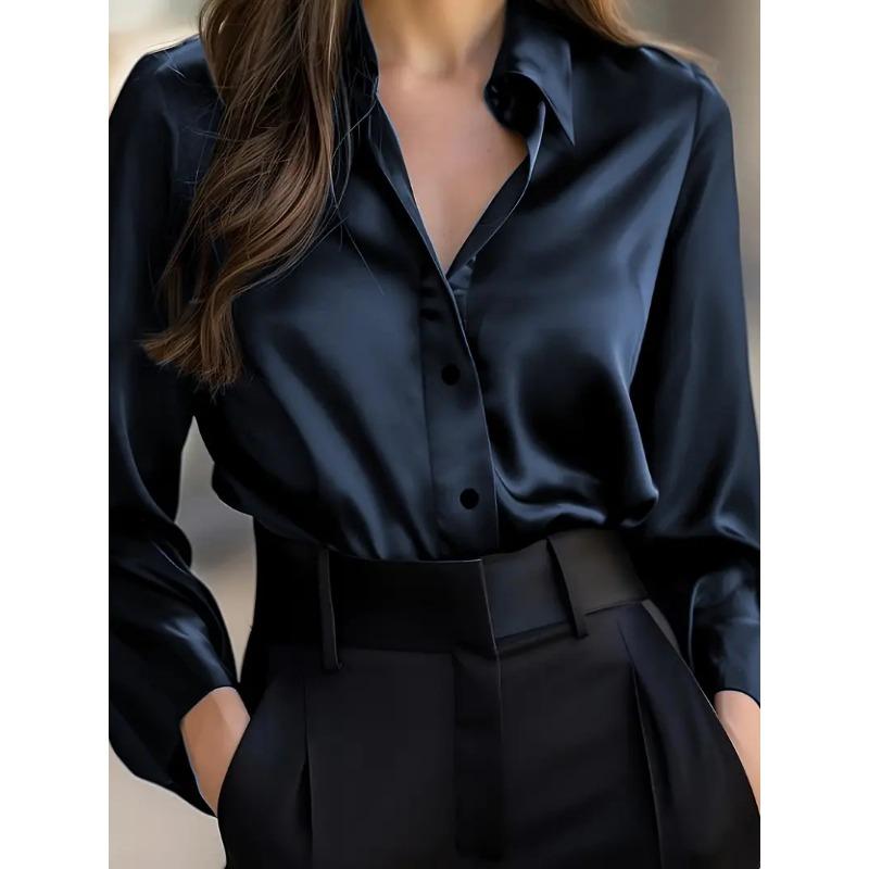 Women S Long Sleeve V Neck Button Down Solid Color Elegant Blouse