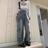 Women's High Waist Distressed Boyfriend Cargo Jeans - Loose, Slimming, Straight Leg, Floor-Length.
