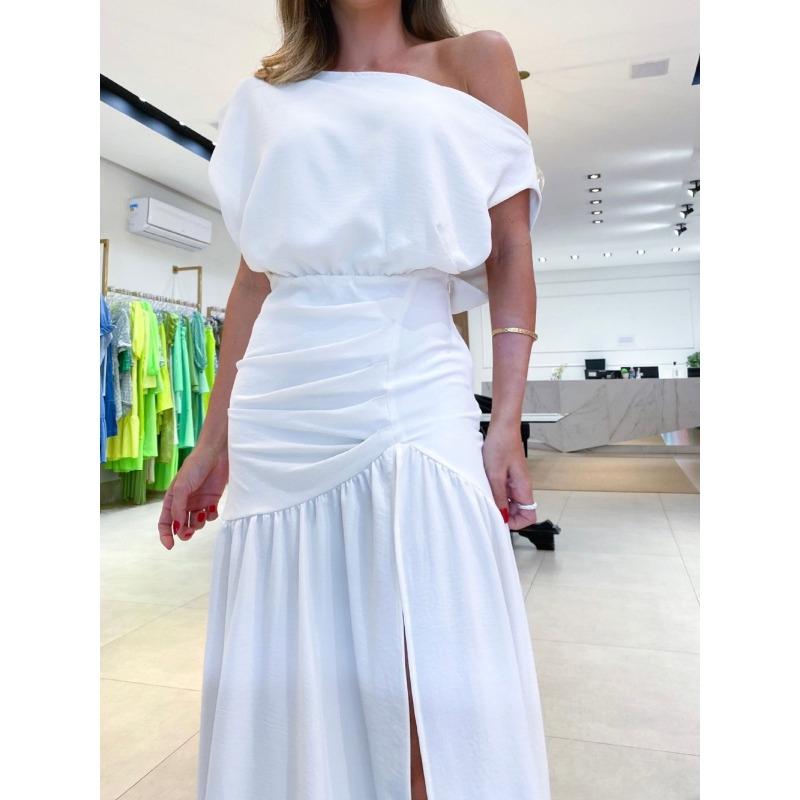 Летнее женское платье, модное сексуальное платье с наклонным вырезом и без бретелек с разрезом на талии, праздничный стиль, однотонные платья