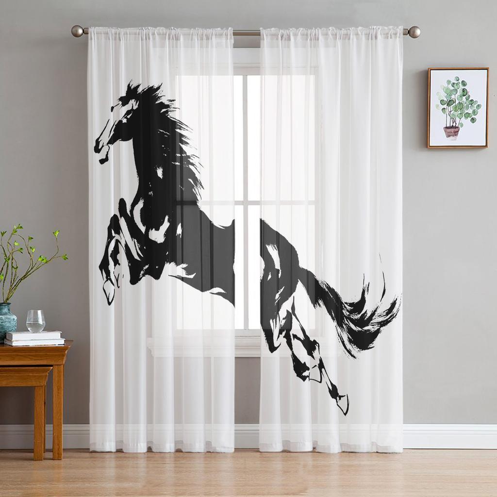 Animal Horse Snow Scene Tulle Voile Curtains For Bedroom Space Space Window Curtain For Living Room Sheer Drapes Shades Organza Drapes Decor