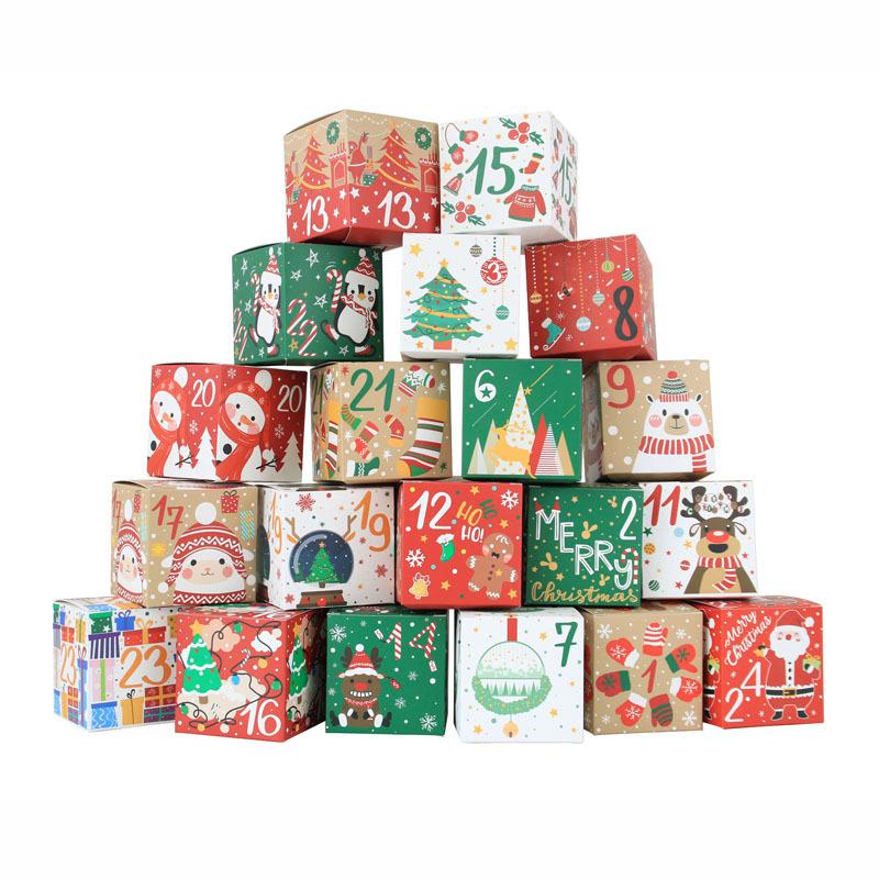 24pcs Kraft Paper Christmas Advent Calendar Box Candy Box 24 Days Countdown Calendar Gift Boxes Navidad Xmas Decor Number Boxes