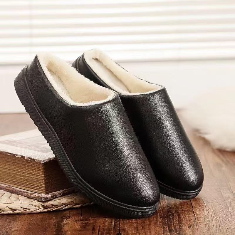 Осенне-зимние новые бархатные хлопковые тапочки из ПУ, водонепроницаемые, для пары, для дома, полпакеты с тапочками, с круглым носком, с толстой подошвой, кожаные тапочки