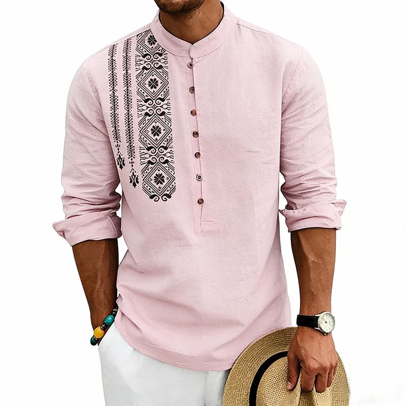 Men S Loose Bohemian Linen Blend Long Sleeve Henley Shirt