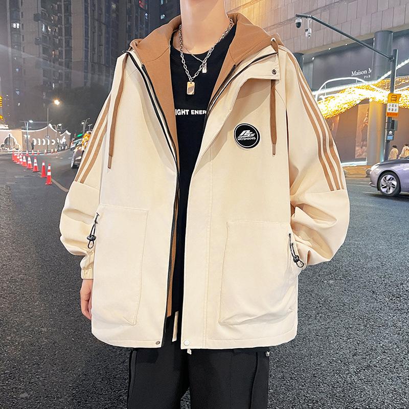 Куртка мужская весна и осень новый стиль с капюшоном свободная рабочая одежда модная горная куртка для отдыха на открытом воздухе водонепроницаемая подходящая по цвету повседневная мужская куртка