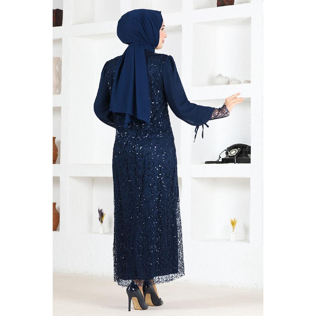 Женская одежда Вечернее платье Модное сетчатое вечернее платье в стиле хиджаб с блестками и розами 2517 Темно-синий