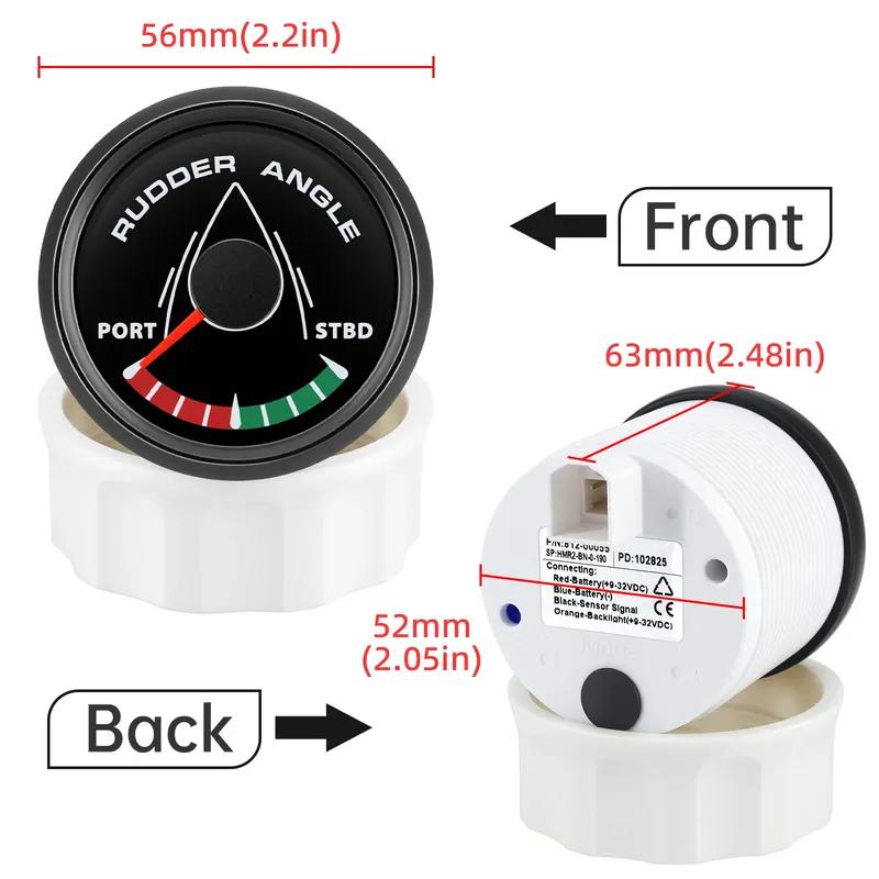 52MM Rudder Angle Indicator with 8 colors backlight Waterproof Rudder Position Gauge with Sensor 0-190ohm for Boat Yacht Marine