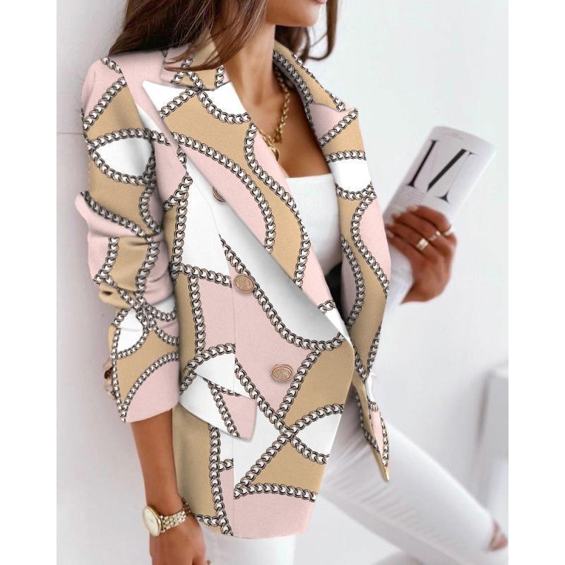 Women's Slim Blazer Double Breasted Printed Woolen Jacket Turndown Collar Long Sleeves Casual Workwear Commute Autumn