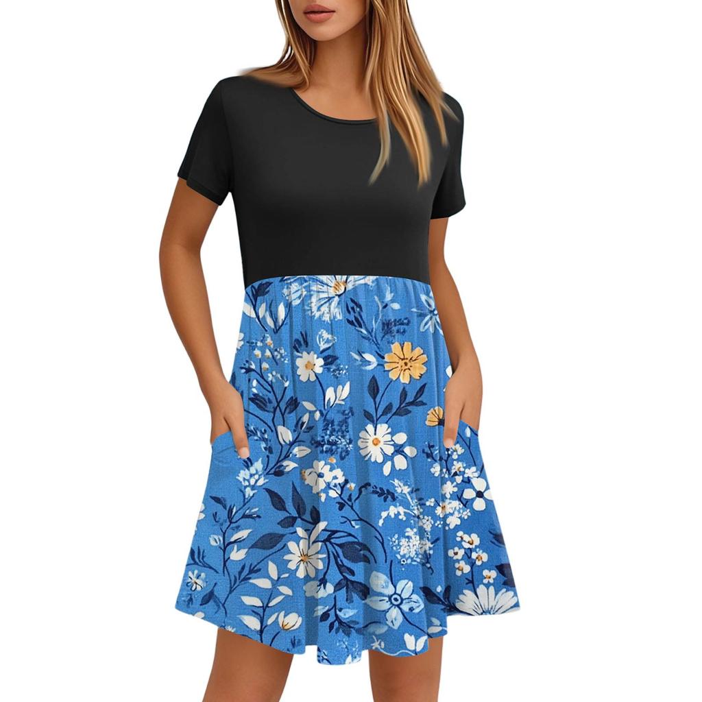 Женские модные повседневные свободные платья с круглым вырезом и коротким рукавом с принтом и карманами