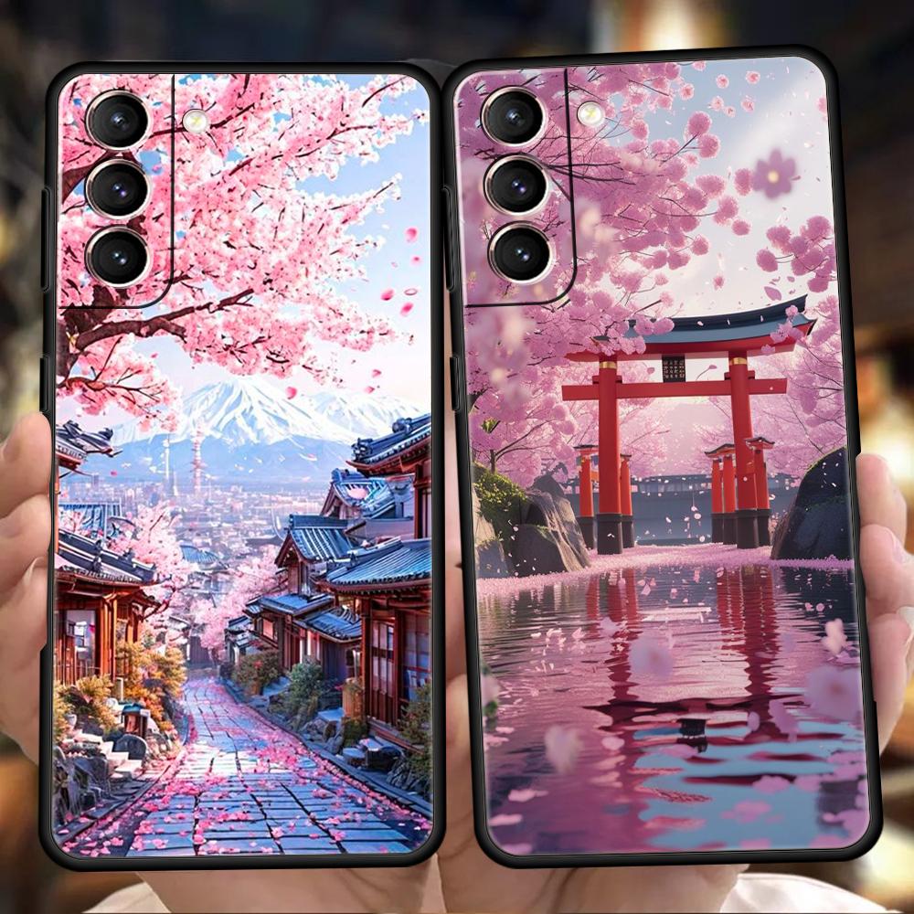 Japanese Style Temple And Cherry Blossoms Phone Case for Samsung Galaxy S25 S24 S23 S22 S20 S21 FE Ultra Plus S25Edge Soft TPU