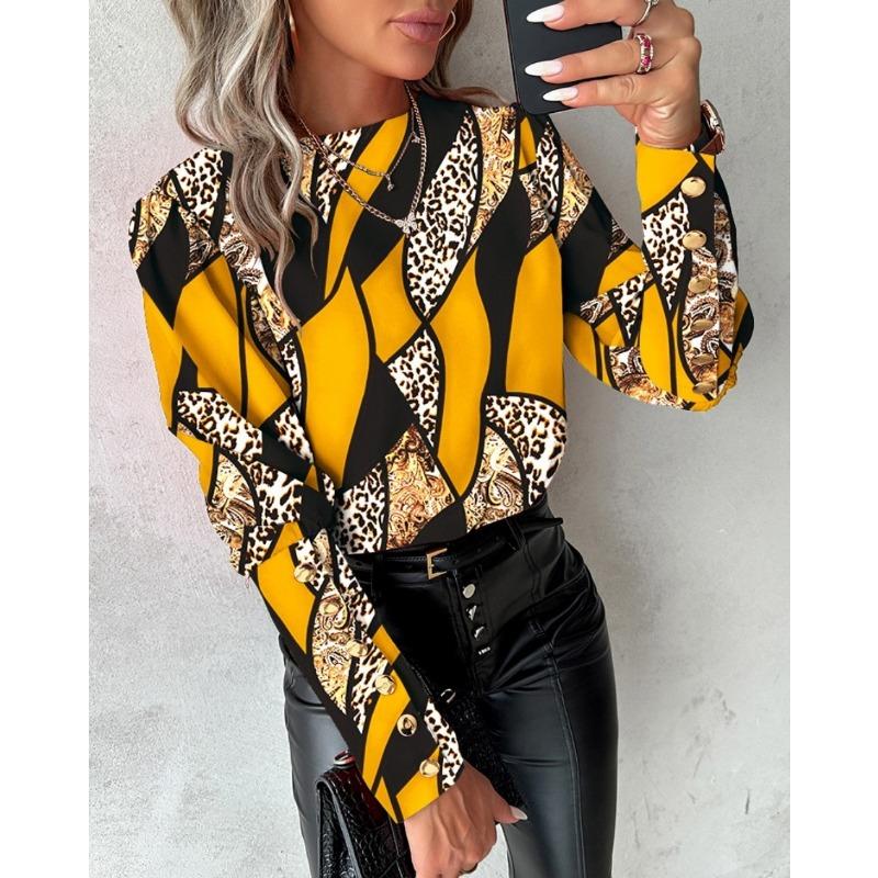 Autumn and winter fashionable printed long sleeved love style round neck button up blouse shirt for women