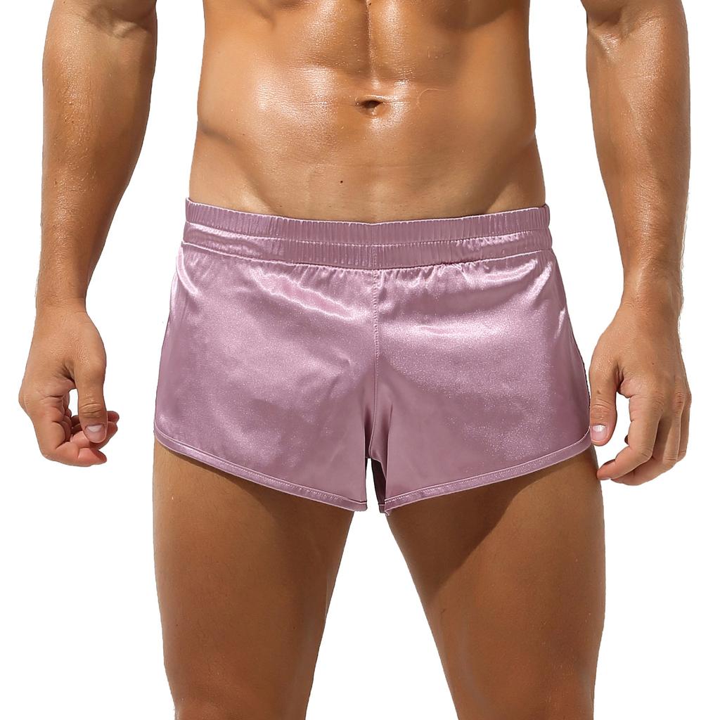 Mens Low Waist Satin Boxers Underwear Side Split Elastic Waistband Shorts Underpants Nightwear