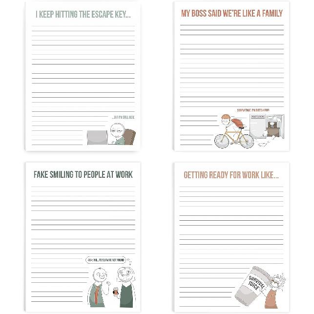 ZICOTO Super Funny Notepads - Hilarious Office Gift for Your Women Coworkers - Set of 4 Office Supplies Memo Pads w/ 4 Assorted Designs, 50 Sheets