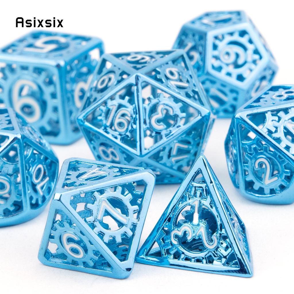 7 Pcs Blue White Gear Wheel Metal Dice Hollow Metal Polyhedral Dice Set Suitable for Role-Playing RPG Board Game Card Game