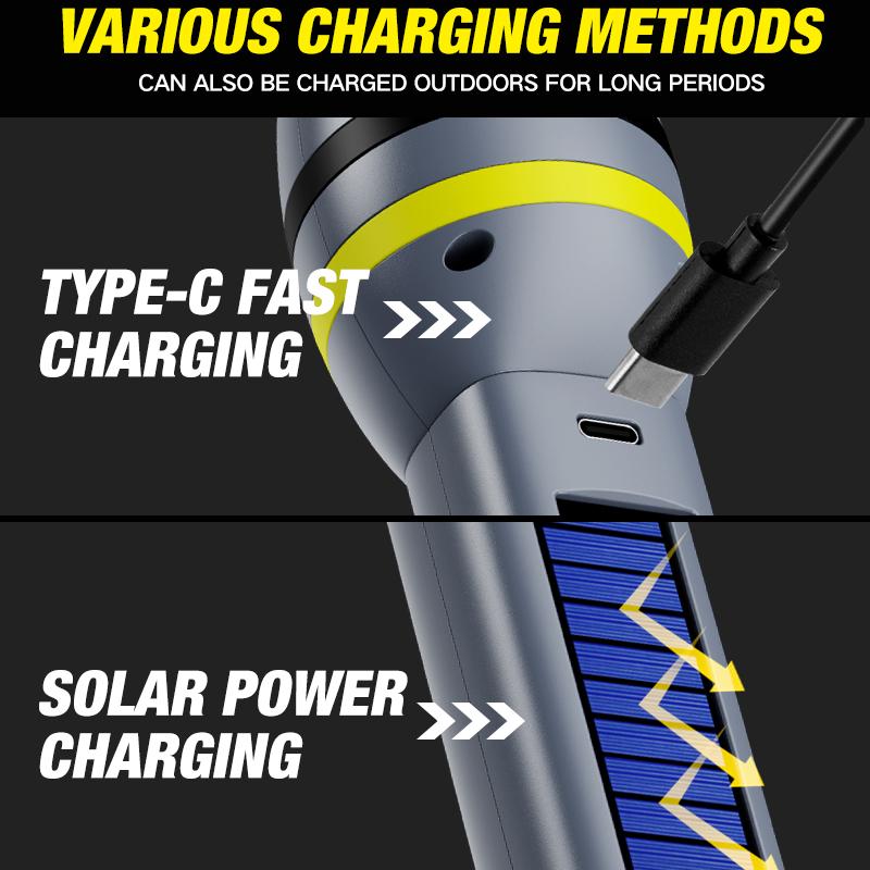 Flashlight, solar powered black technology, travel camping site searchlight, strong light, rechargeable, ultra long standby, mul