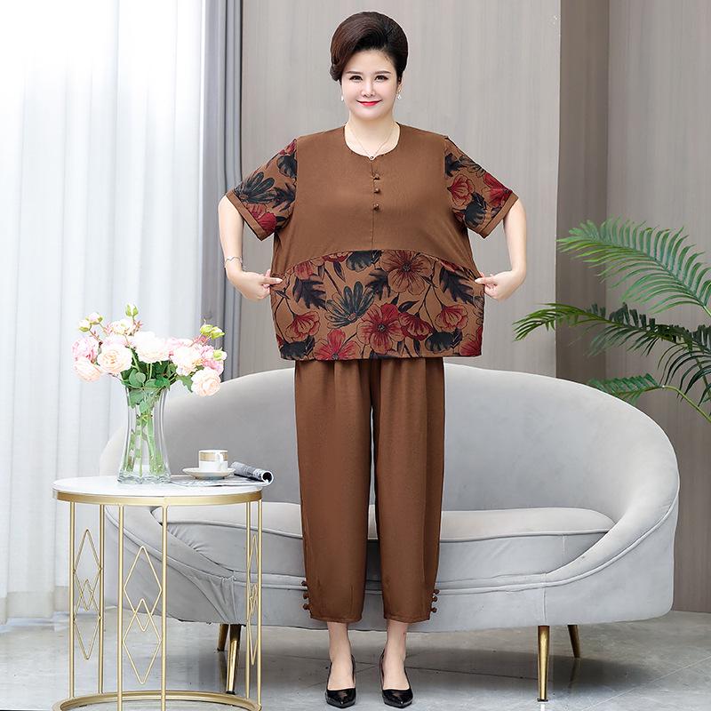 Летний комплект больших размеров с коротким рукавом для женщин среднего и пожилого возраста - Свободный облегающий костюм-двойка