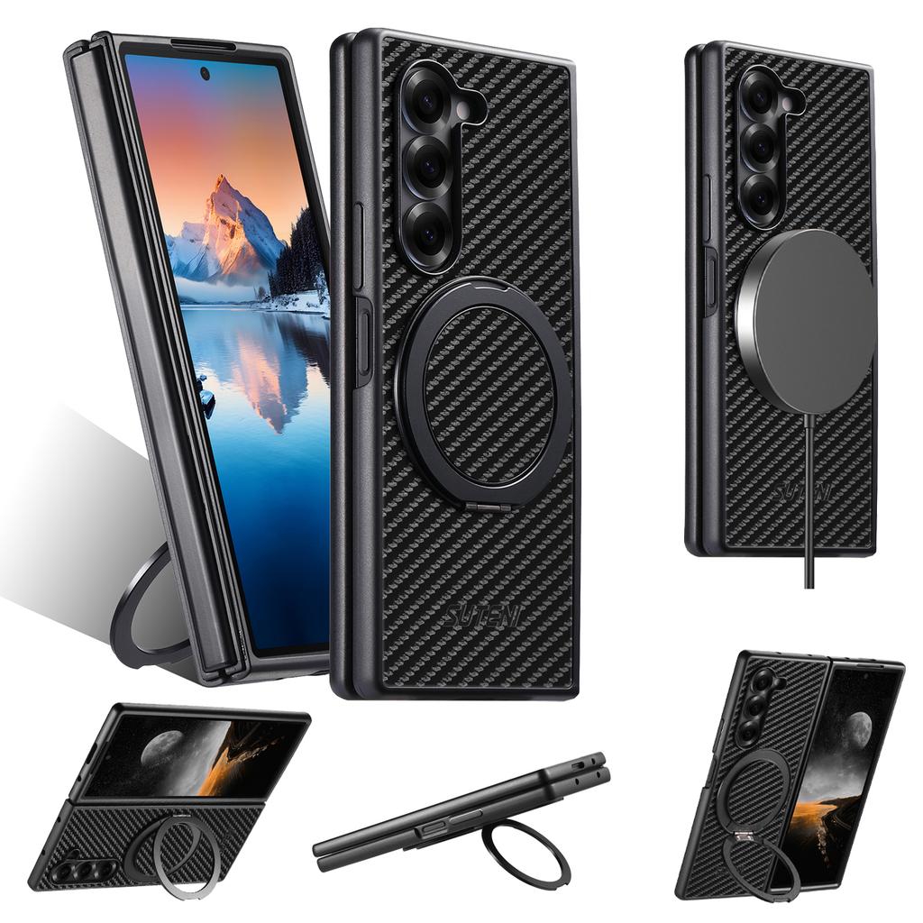 SUTENI G3 For Samsung Galaxy Z Fold6 5G Magnetic Case Rotating Kickstand Carbon Fiber Texture Leather Phone Back Cover