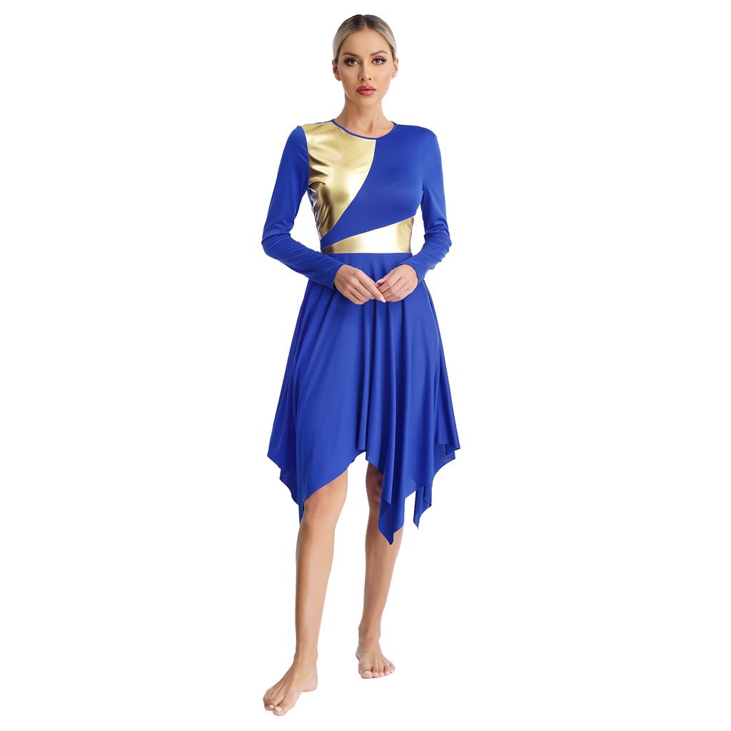 Женское платье для танца поклонения, металлик, цветной блок, длинный рукав, асимметричный подол, литургический костюм для выступления в церкви