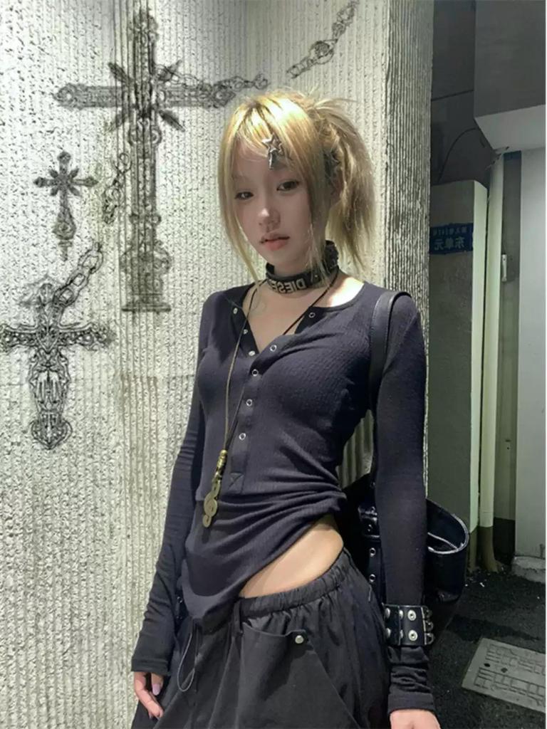 Футболка Karrcat Trashy Y2k Button T Shirt Grunge Aesthetics Black Ribbed Tops Gothic Vintage Harajuku Футболка с длинным рукавом American