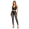 Women Glossy PU Leather Outfit Halter Crop Top Back Lace Up Multi Zip High Waist Leggings Y2k Clubwear