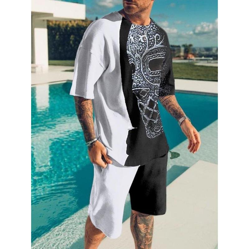 Модный Повседневный Отпуск Летний Мужской Костюм Принт Черепа 3D Спортивная одежда Костюм с коротким рукавом Футболка оверсайз с круглым вырезом Шорты 2 предмета