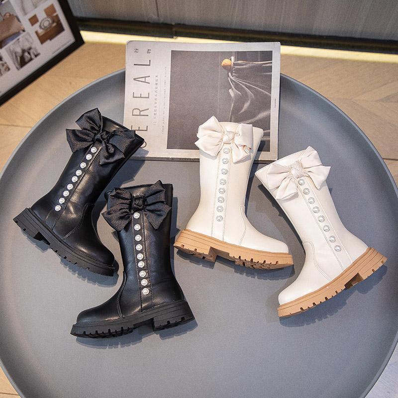 Высокие сапоги для девочек с бантом, нескользящие, модные, детские, с жемчугом, элегантные, с боковой молнией, детские, кожаные, длинные сапоги