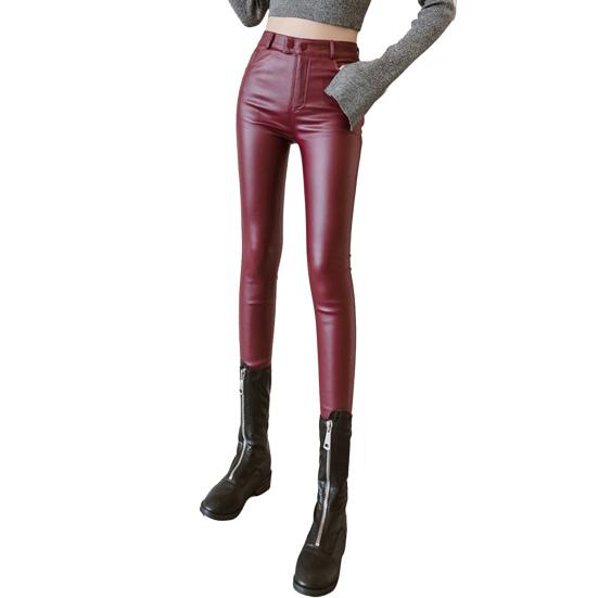 Artificial Leather Leggings High Waist Button Closure Matte Elastic Pencil Pants with Pockets Solid